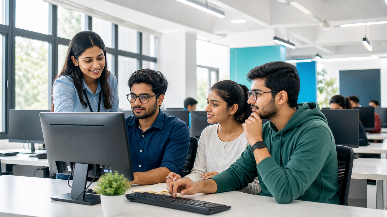 A Skillsy mentor guiding learners in a modern computer lab